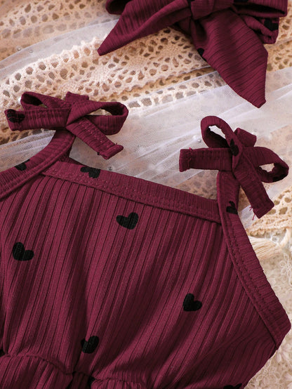 Baby Girl Heart Print Bow Shoulder Cami Combo Bodysuit Dress & Headband
