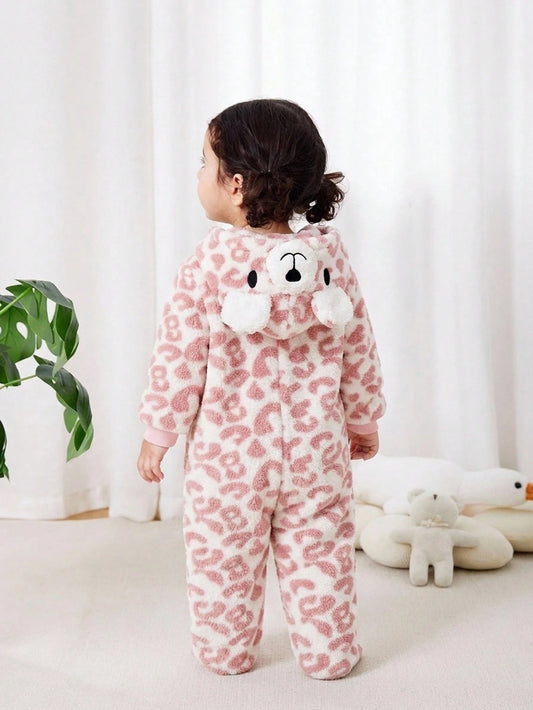 Baby Girl Leopard Print Plush Bear Ear Animal Design Footed Zipper Autumn Winter Jumpsuit