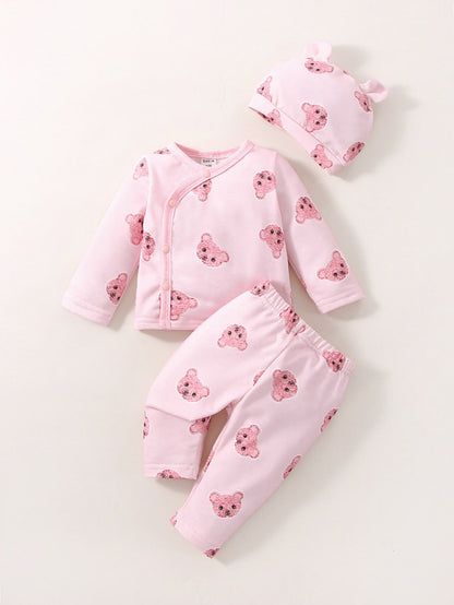 Baby Girl Newborn Cartoon Graphic Tee & Pants & Accessory 3D Ears Hat