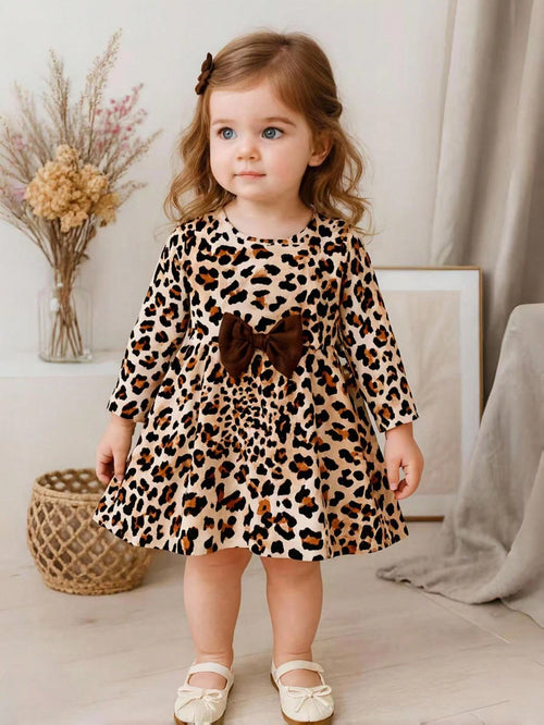 Baby Girl Playful Leopard Print Long Sleeve Dress With Brown Checkered Bow, Elegant Cute Autumn Outfit For Vacation And Party Matching Family, 6M-3T
