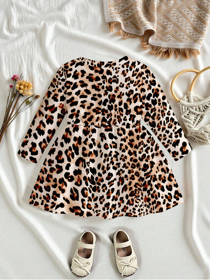 Baby Girl Playful Leopard Print Long Sleeve Dress With Brown Checkered Bow, Elegant Cute Autumn Outfit For Vacation And Party Matching Family, 6M-3T