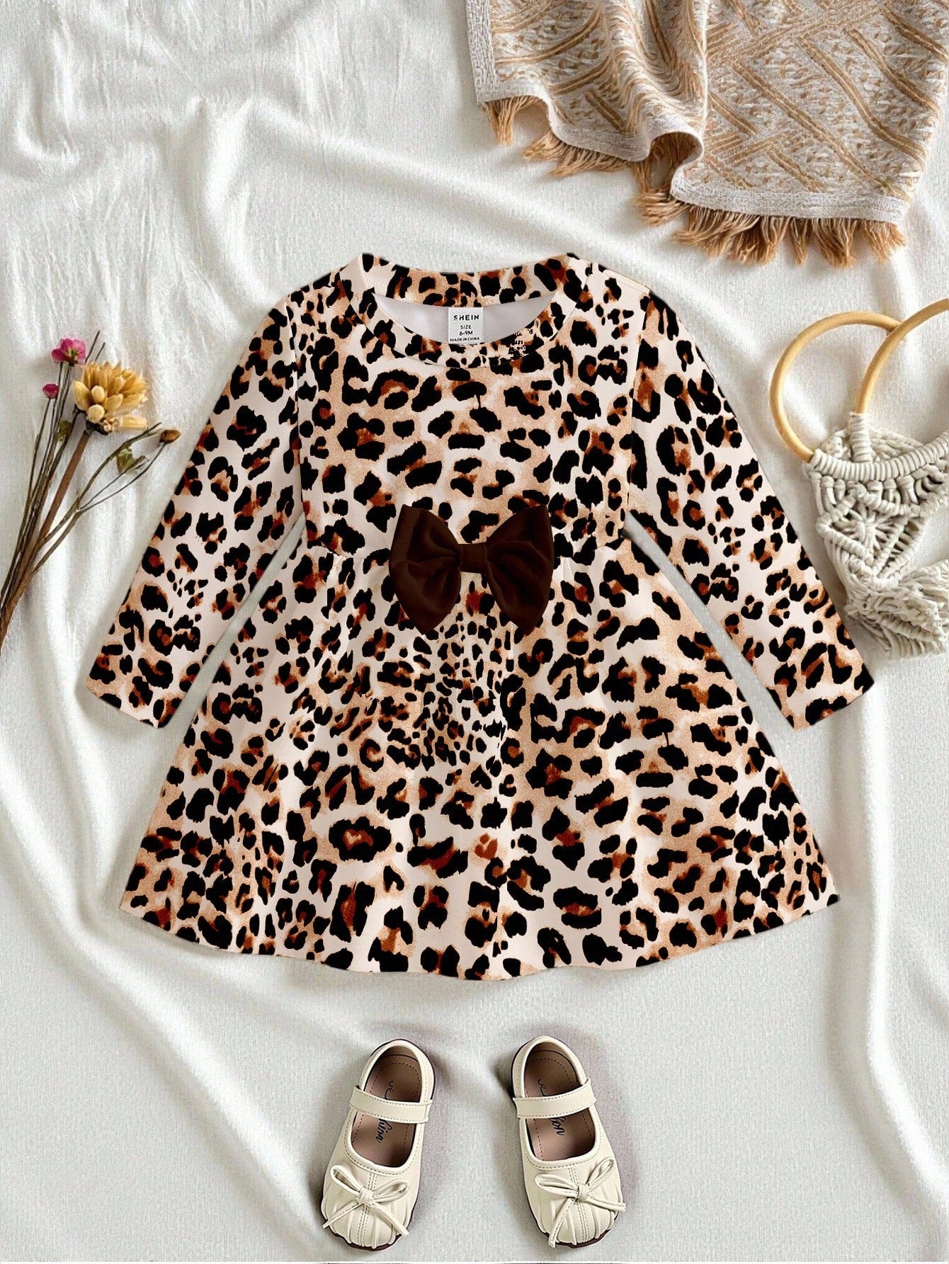 Baby Girl Playful Leopard Print Long Sleeve Dress With Brown Checkered Bow, Elegant Cute Autumn Outfit For Vacation And Party Matching Family, 6M-3T