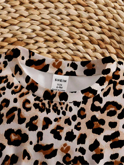 Baby Girl Playful Leopard Print Long Sleeve Dress With Brown Checkered Bow, Elegant Cute Autumn Outfit For Vacation And Party Matching Family, 6M-3T
