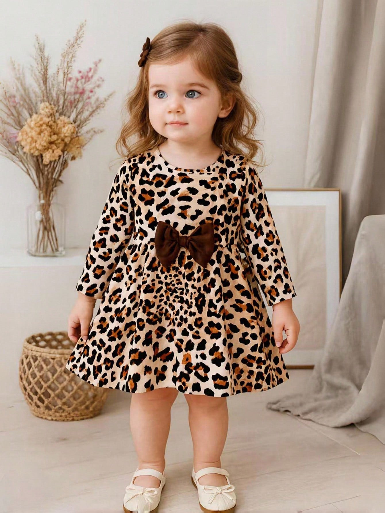 Baby Girl Playful Leopard Print Long Sleeve Dress With Brown Checkered Bow, Elegant Cute Autumn Outfit For Vacation And Party Matching Family, 6M-3T
