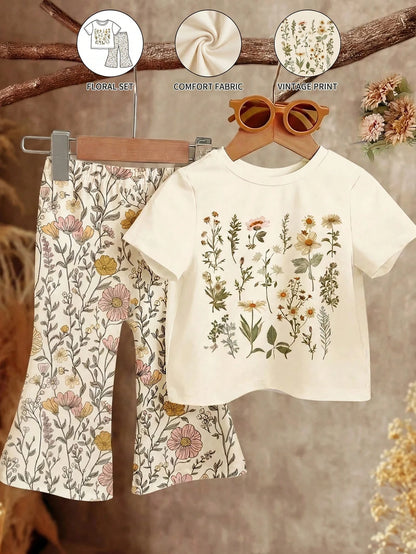 Baby Girl Retro Floral T-Shirt And Flare Pants 2-Piece Set, Beige Summer Modest Vacation Outfits, Baby Girl Casual Loose Short Sleeve Round Neck Clothes