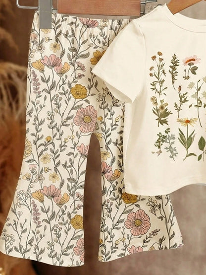Baby Girl Retro Floral T-Shirt And Flare Pants 2-Piece Set, Beige Summer Modest Vacation Outfits, Baby Girl Casual Loose Short Sleeve Round Neck Clothes