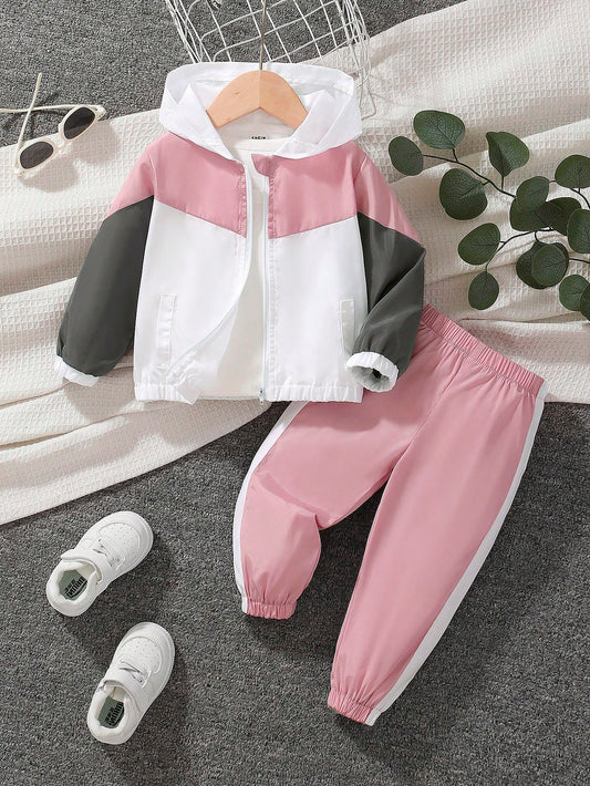 Baby Girl Simple Casual Patchwork Jacket And Pants Tracksuit Set, Early Autumn