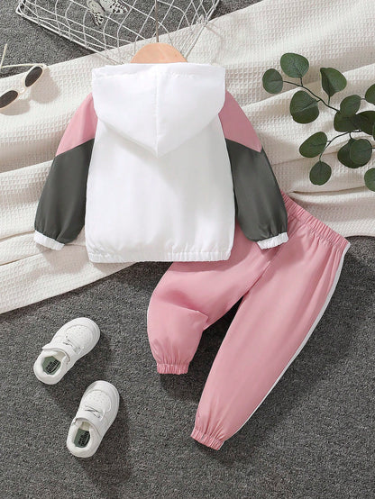 Baby Girl Simple Casual Patchwork Jacket And Pants Tracksuit Set, Early Autumn