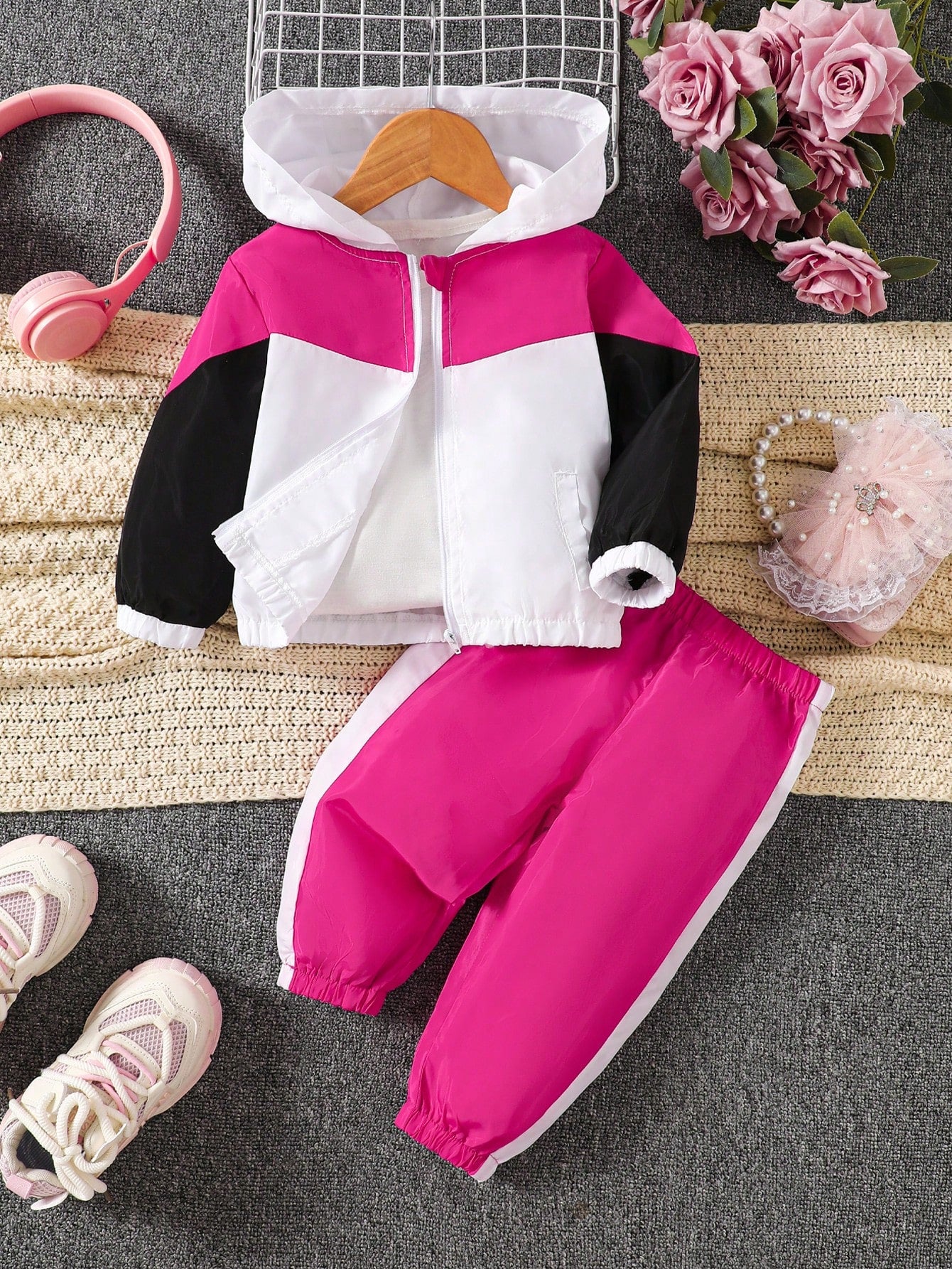 Baby Girl Simple Casual Patchwork Jacket And Pants Tracksuit Set, Early Autumn