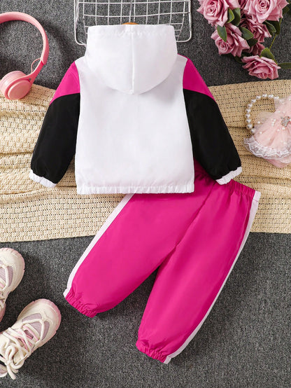 Baby Girl Simple Casual Patchwork Jacket And Pants Tracksuit Set, Early Autumn