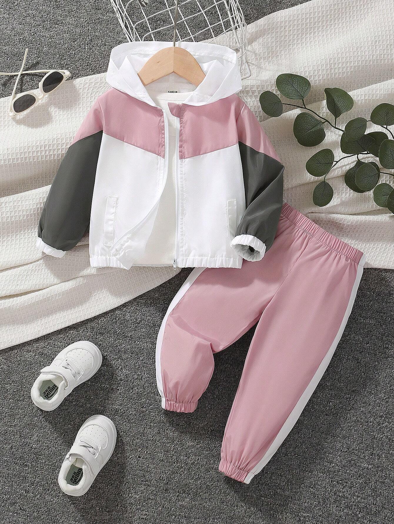 Baby Girl Simple Casual Patchwork Jacket And Pants Tracksuit Set, Early Autumn