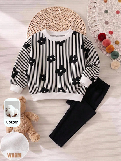 Baby Girl Striped Floral Print Sweatshirt & Solid Color Pants Set