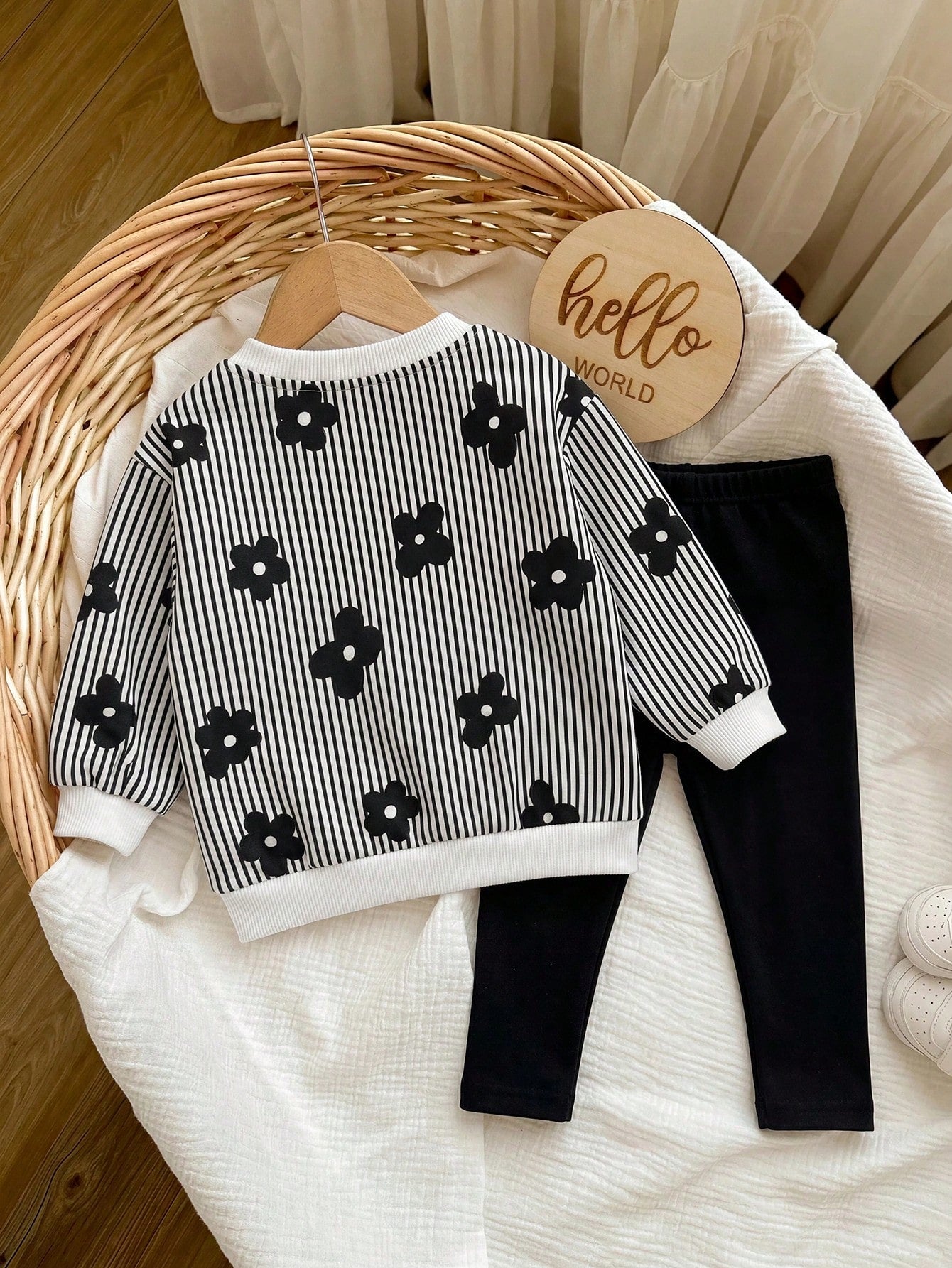 Baby Girl Striped Floral Print Sweatshirt & Solid Color Pants Set