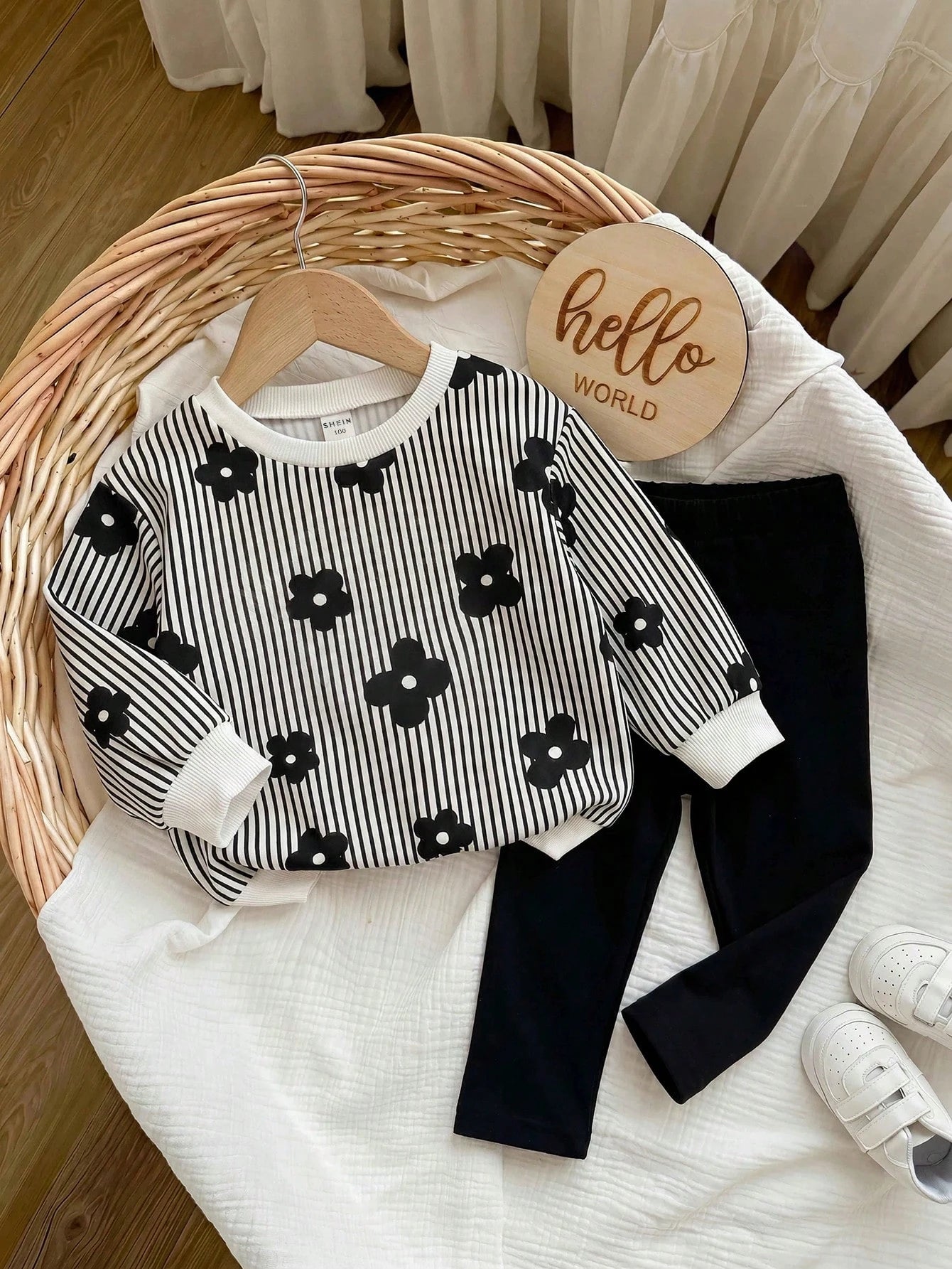 Baby Girl Striped Floral Print Sweatshirt & Solid Color Pants Set