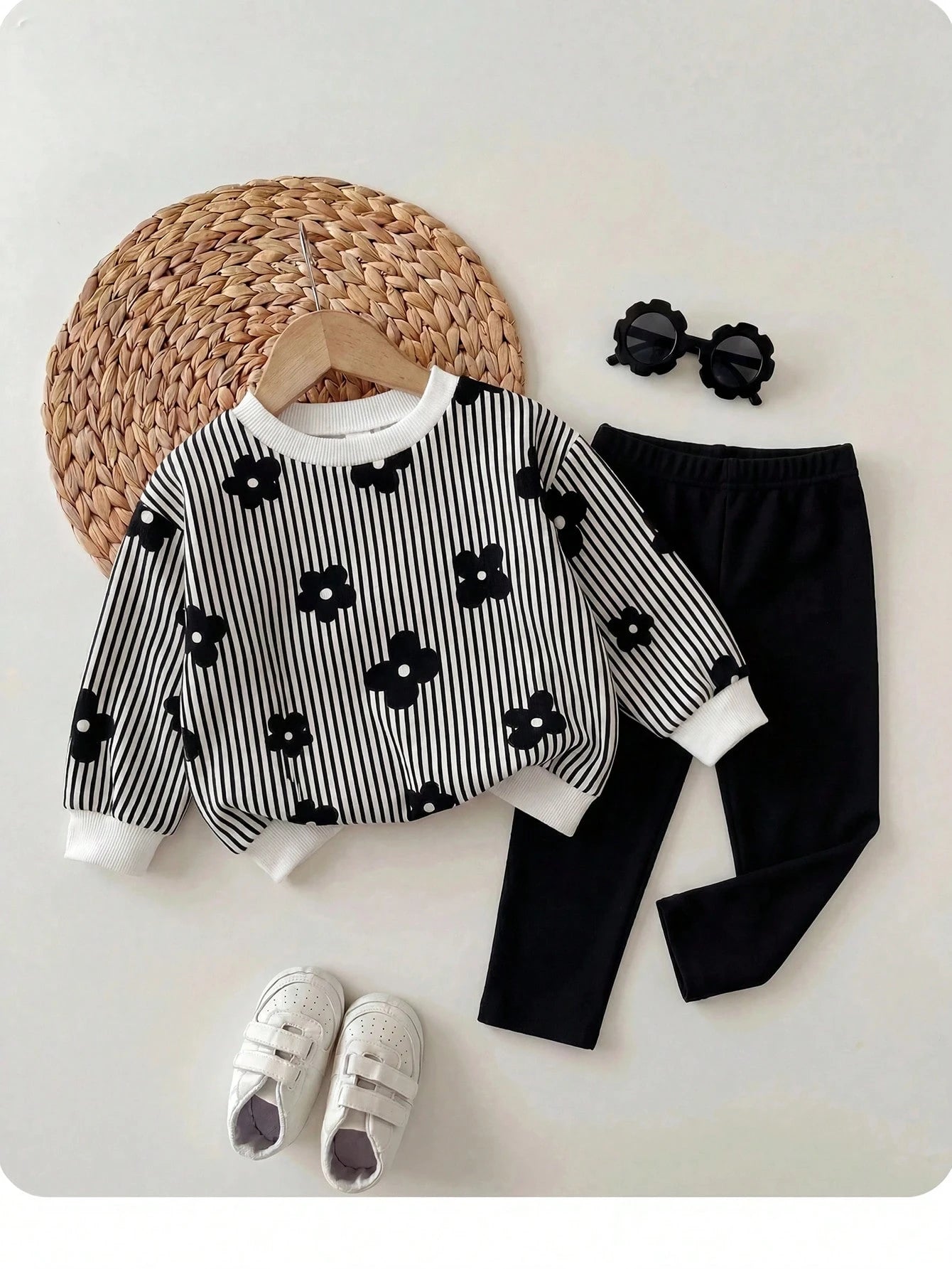 Baby Girl Striped Floral Print Sweatshirt & Solid Color Pants Set