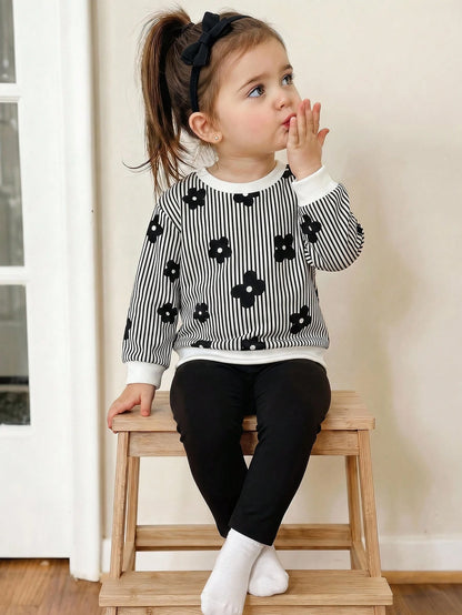 Baby Girl Striped Floral Print Sweatshirt & Solid Color Pants Set