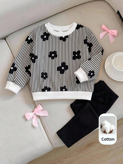 Baby Girl Striped Floral Print Sweatshirt & Solid Color Pants Set