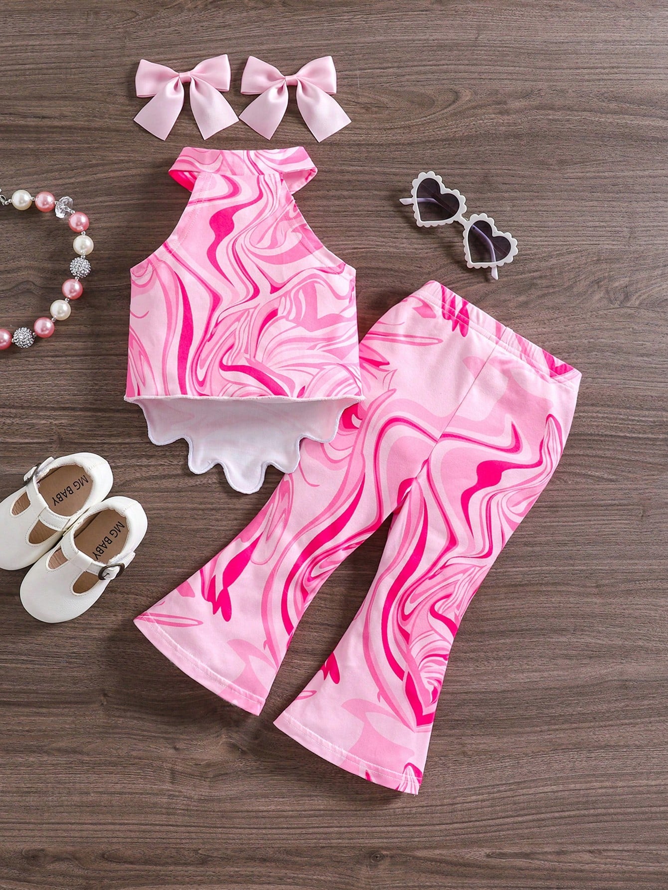 Baby Girl Summer Allover Print Asymmetrical Ruffle Hem Halter Top And Flare Pants Set