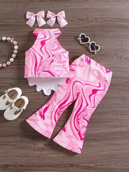Baby Girl Summer Allover Print Asymmetrical Ruffle Hem Halter Top And Flare Pants Set