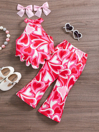 Baby Girl Summer Allover Print Asymmetrical Ruffle Hem Halter Top And Flare Pants Set