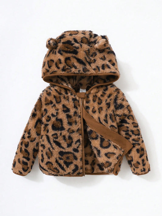 Baby Girl Warm Chic Cute Everyday Casual Leopard Plush Bear Ear Hooded Jacket, Suitable For Outdoor Wear