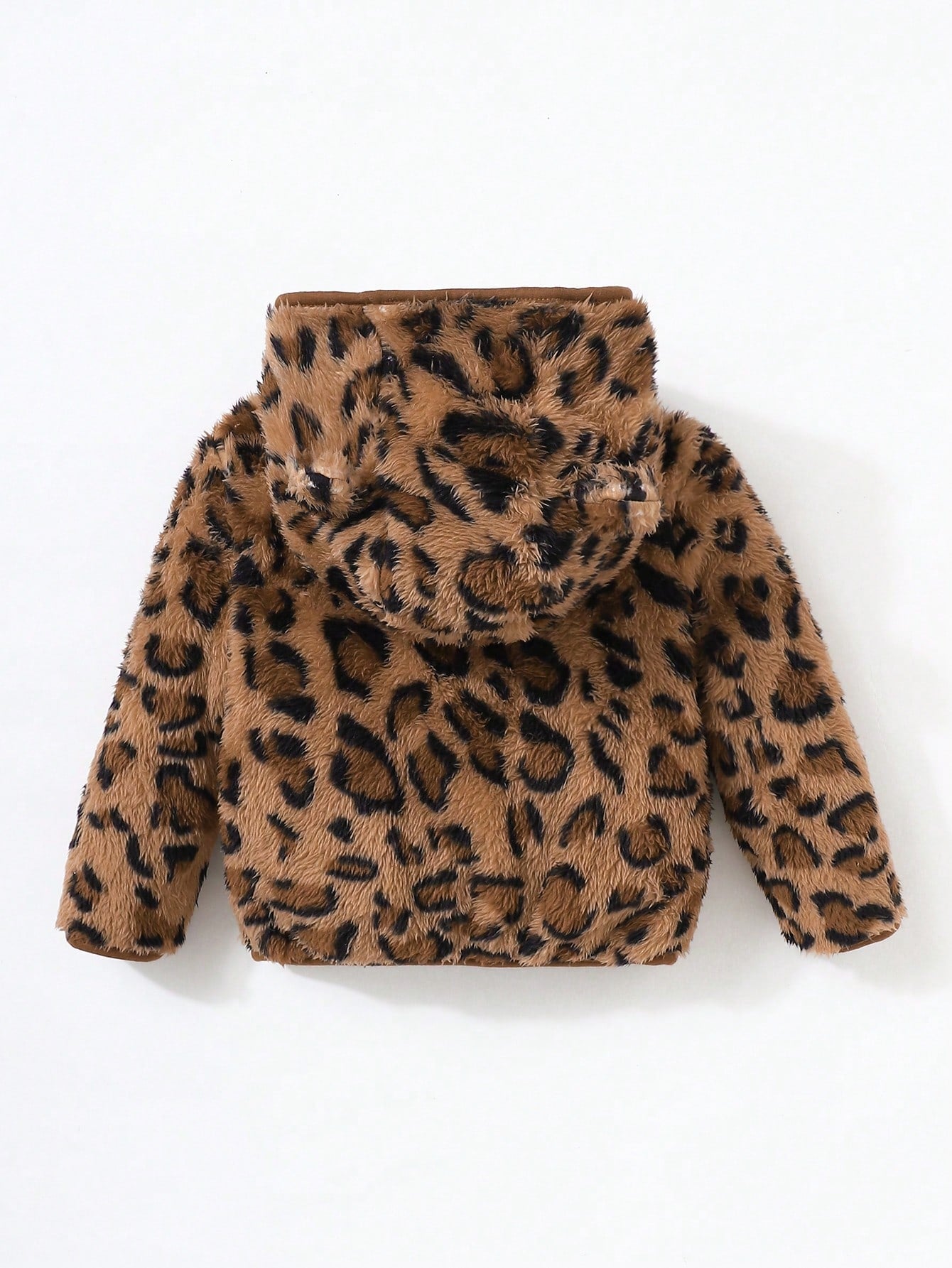 Baby Girl Warm Chic Cute Everyday Casual Leopard Plush Bear Ear Hooded Jacket, Suitable For Outdoor Wear