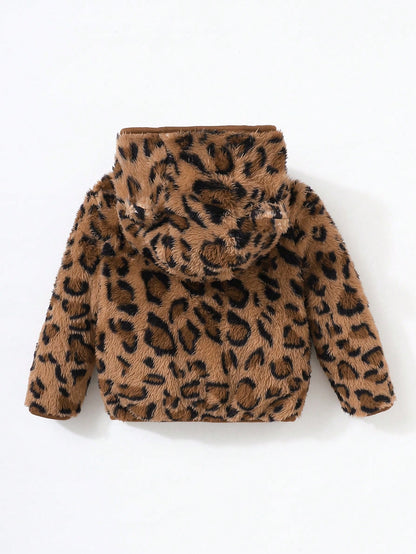 Baby Girl Warm Chic Cute Everyday Casual Leopard Plush Bear Ear Hooded Jacket, Suitable For Outdoor Wear
