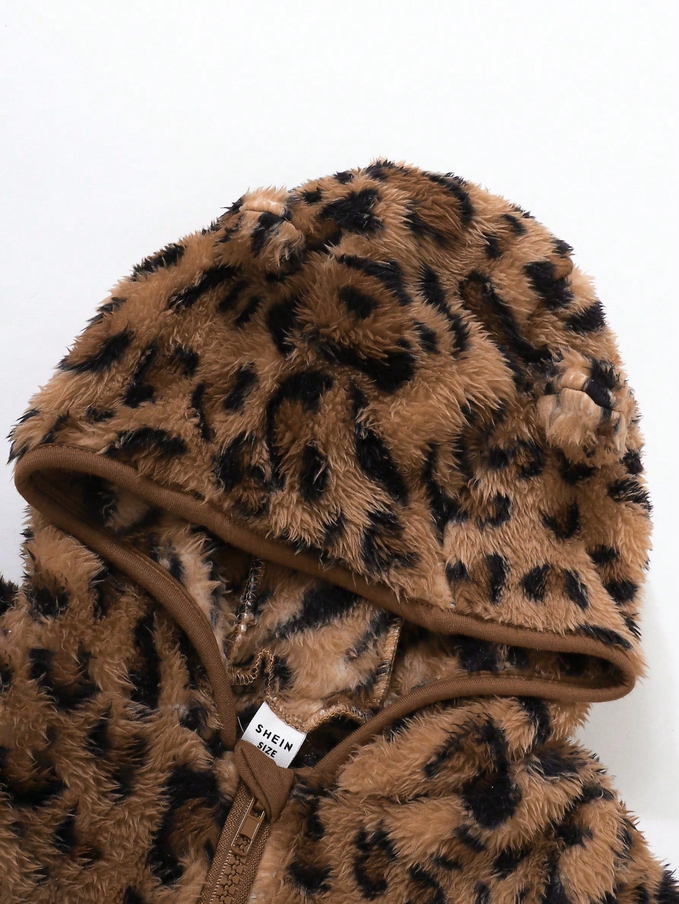 Baby Girl Warm Chic Cute Everyday Casual Leopard Plush Bear Ear Hooded Jacket, Suitable For Outdoor Wear