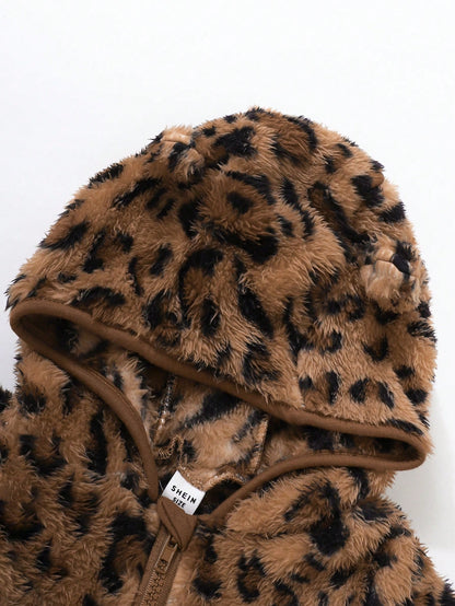 Baby Girl Warm Chic Cute Everyday Casual Leopard Plush Bear Ear Hooded Jacket, Suitable For Outdoor Wear