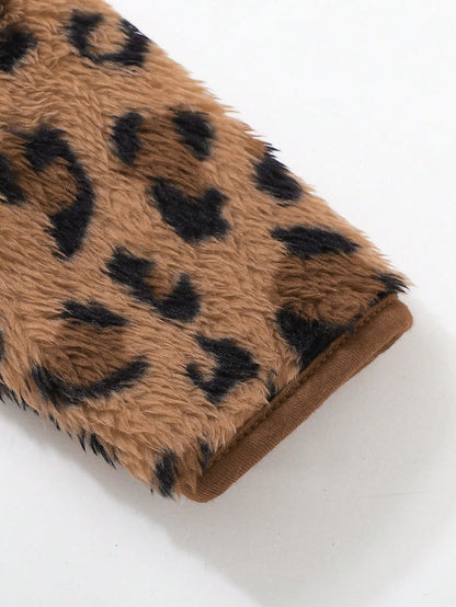 Baby Girl Warm Chic Cute Everyday Casual Leopard Plush Bear Ear Hooded Jacket, Suitable For Outdoor Wear