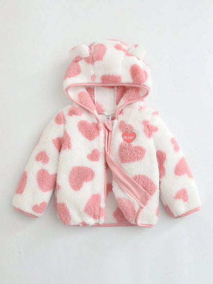 Baby Girl Warm Chic Cute Everyday Casual Leopard Plush Bear Ear Hooded Jacket, Suitable For Outdoor Wear