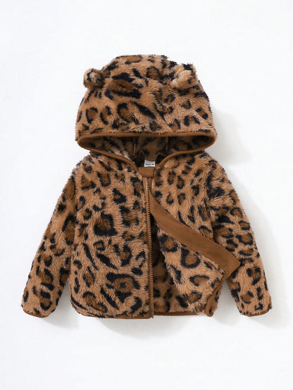 Baby Girl Warm Chic Cute Everyday Casual Leopard Plush Bear Ear Hooded Jacket, Suitable For Outdoor Wear