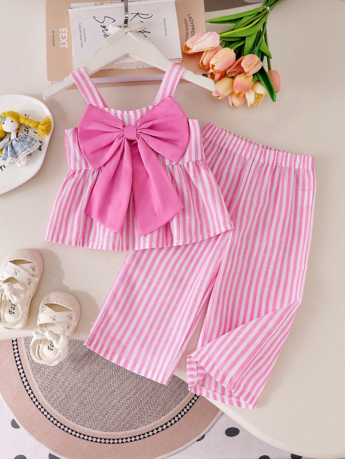 Baby Girls' Cute Pink And White Striped Bow Decor Camisole Top Paired With Loose Casual Pants, Spring/Summer Outfit Vacation Photoshoot