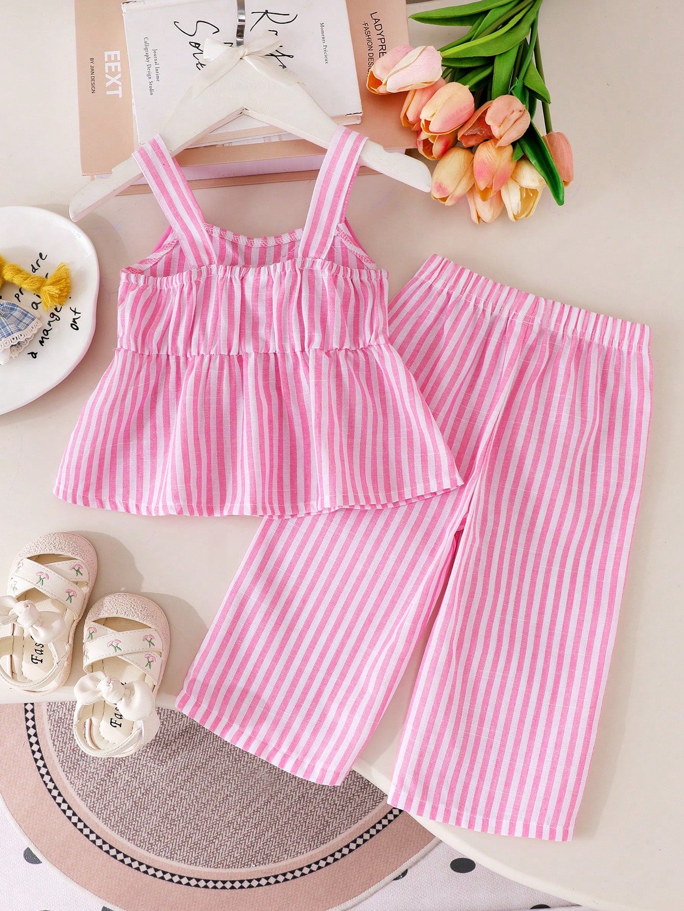 Baby Girls' Cute Pink And White Striped Bow Decor Camisole Top Paired With Loose Casual Pants, Spring/Summer Outfit Vacation Photoshoot