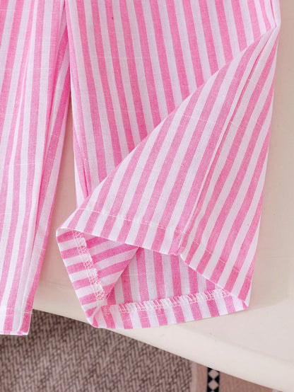 Baby Girls' Cute Pink And White Striped Bow Decor Camisole Top Paired With Loose Casual Pants, Spring/Summer Outfit Vacation Photoshoot