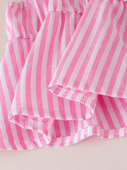 Baby Girls' Cute Pink And White Striped Bow Decor Camisole Top Paired With Loose Casual Pants, Spring/Summer Outfit Vacation Photoshoot