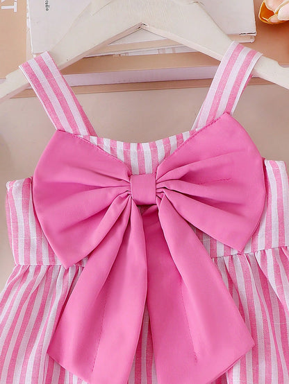 Baby Girls' Cute Pink And White Striped Bow Decor Camisole Top Paired With Loose Casual Pants, Spring/Summer Outfit Vacation Photoshoot