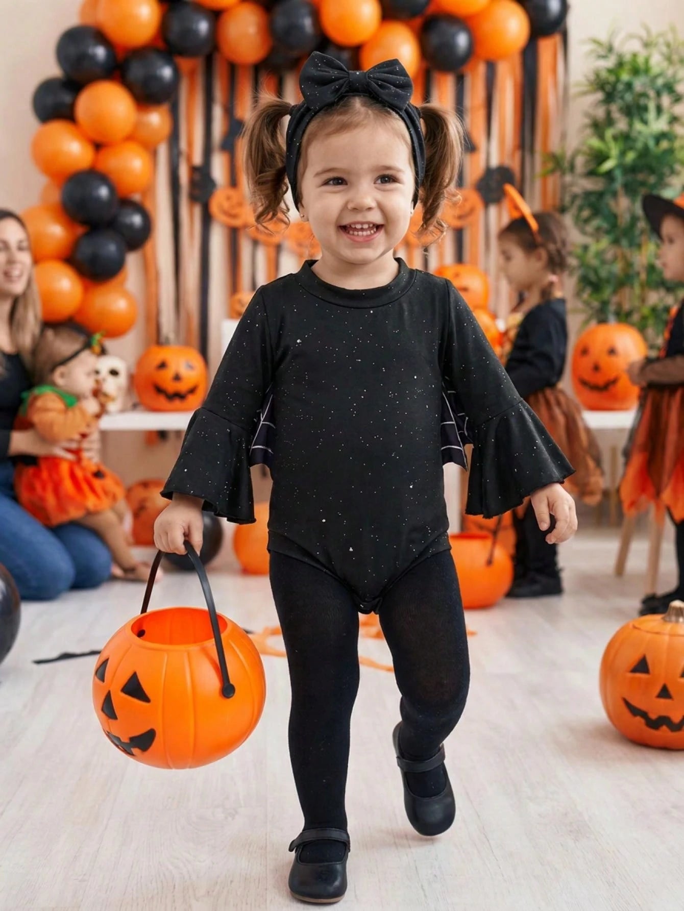 Baby Girls Halloween Bat Fashion Long Bell Sleeve Spider Web Print Romper With Headband 2Pcs Outfit