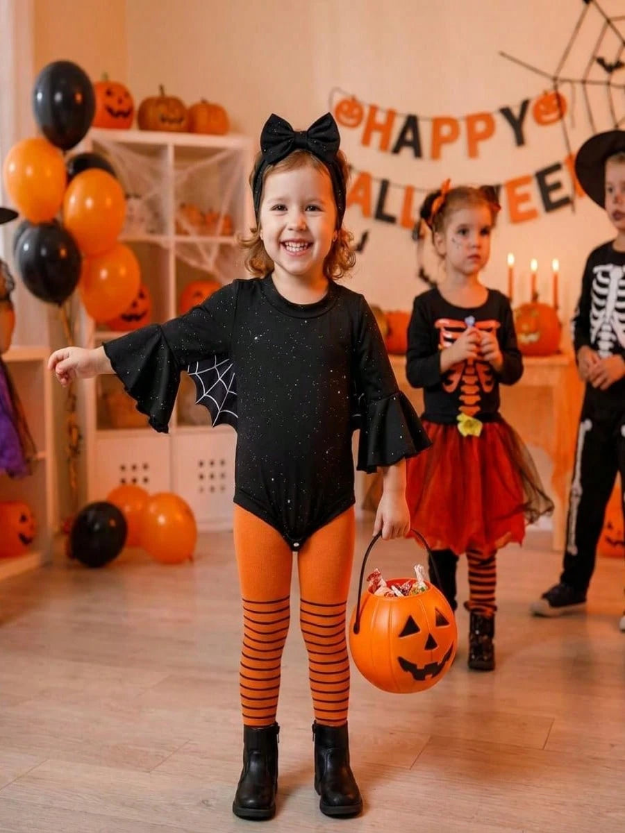Baby Girls Halloween Bat Fashion Long Bell Sleeve Spider Web Print Romper With Headband 2Pcs Outfit