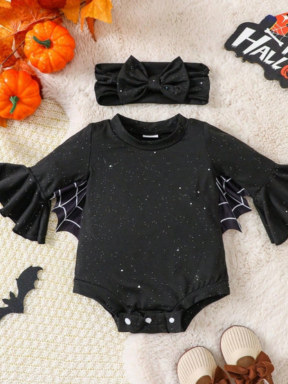 Baby Girls Halloween Bat Fashion Long Bell Sleeve Spider Web Print Romper With Headband 2Pcs Outfit