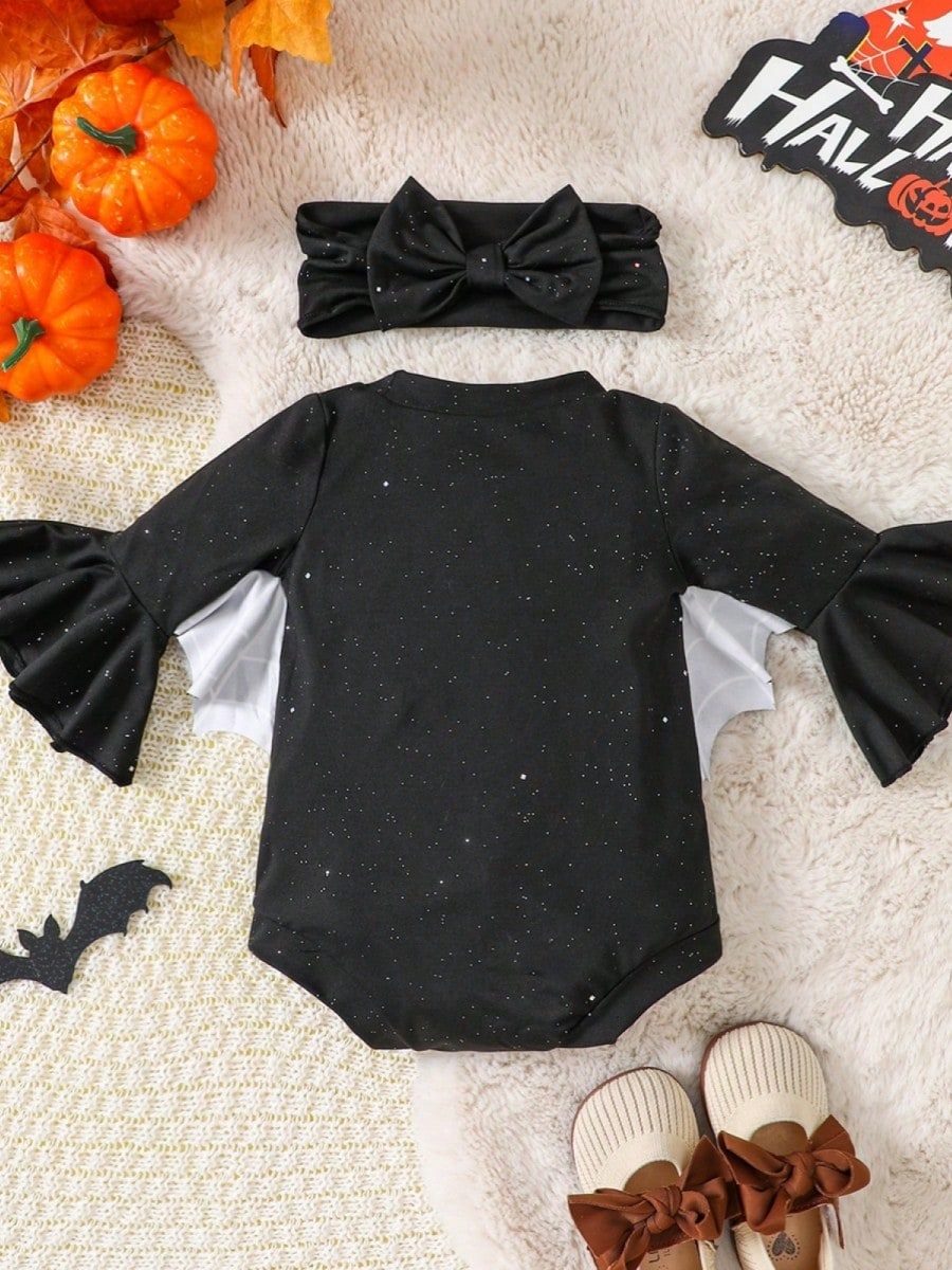 Baby Girls Halloween Bat Fashion Long Bell Sleeve Spider Web Print Romper With Headband 2Pcs Outfit