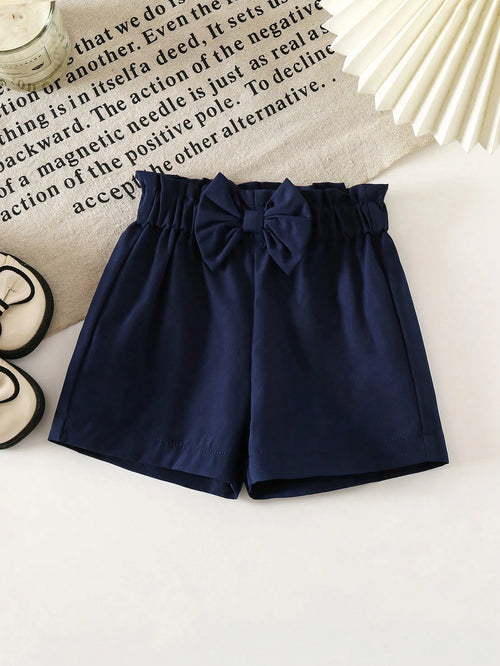 Baby Girls' Navy Blue Bow Decor Casual Shorts, Summer