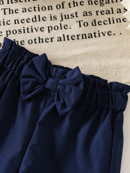 Baby Girls' Navy Blue Bow Decor Casual Shorts, Summer