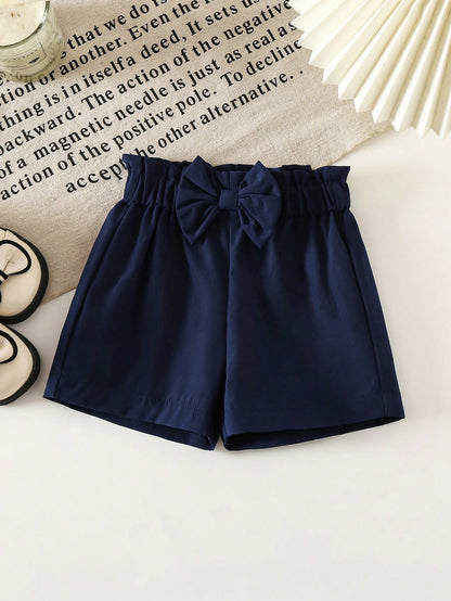 Baby Girls' Navy Blue Bow Decor Casual Shorts, Summer