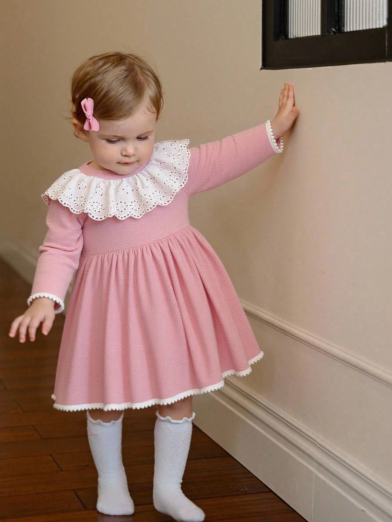 Baby Girls' Pink And White Cute Birthday A-Line Dress,Solid Long Sleeve Ruffle Trim Round Neck Elegant Autumn Fall Winter Outfits For Gatherings