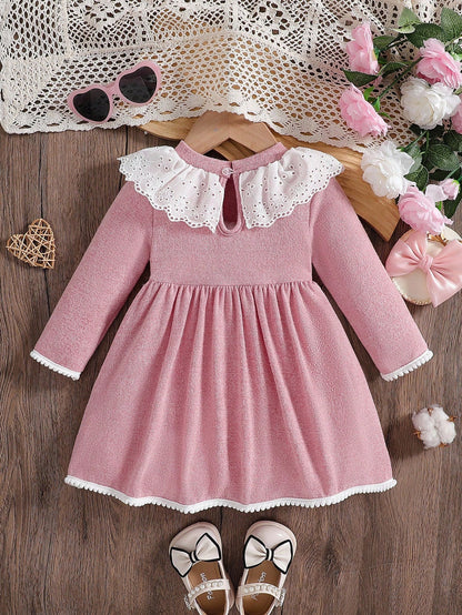 Baby Girls' Pink And White Cute Birthday A-Line Dress,Solid Long Sleeve Ruffle Trim Round Neck Elegant Autumn Fall Winter Outfits For Gatherings