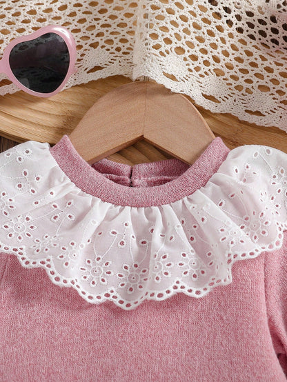 Baby Girls' Pink And White Cute Birthday A-Line Dress,Solid Long Sleeve Ruffle Trim Round Neck Elegant Autumn Fall Winter Outfits For Gatherings