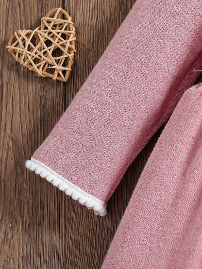 Baby Girls' Pink And White Cute Birthday A-Line Dress,Solid Long Sleeve Ruffle Trim Round Neck Elegant Autumn Fall Winter Outfits For Gatherings
