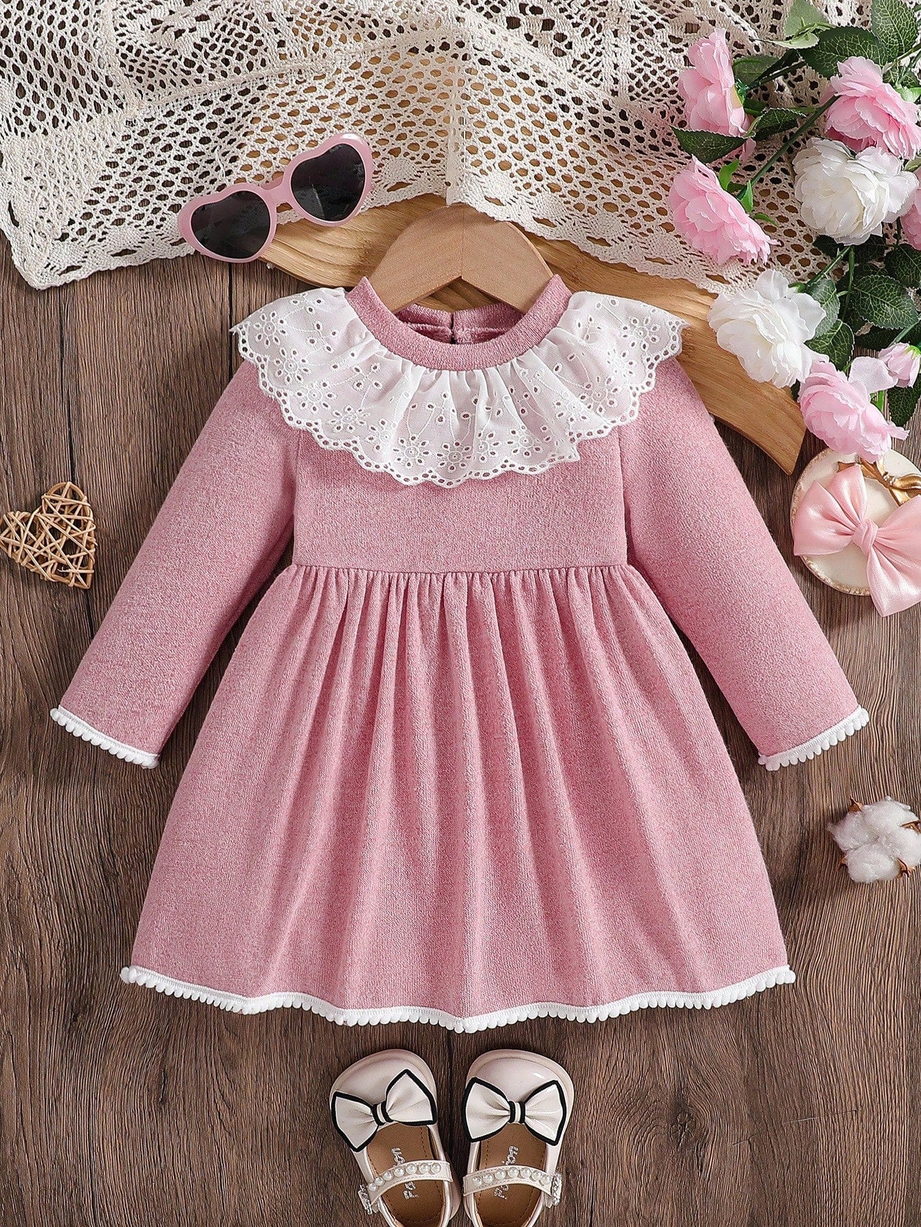 Baby Girls' Pink And White Cute Birthday A-Line Dress,Solid Long Sleeve Ruffle Trim Round Neck Elegant Autumn Fall Winter Outfits For Gatherings