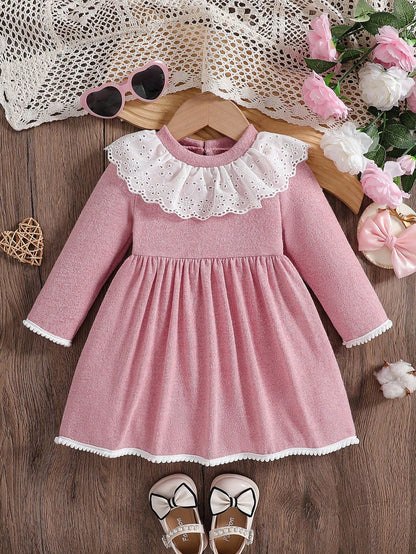 Baby Girls' Pink And White Cute Birthday A-Line Dress,Solid Long Sleeve Ruffle Trim Round Neck Elegant Autumn Fall Winter Outfits For Gatherings
